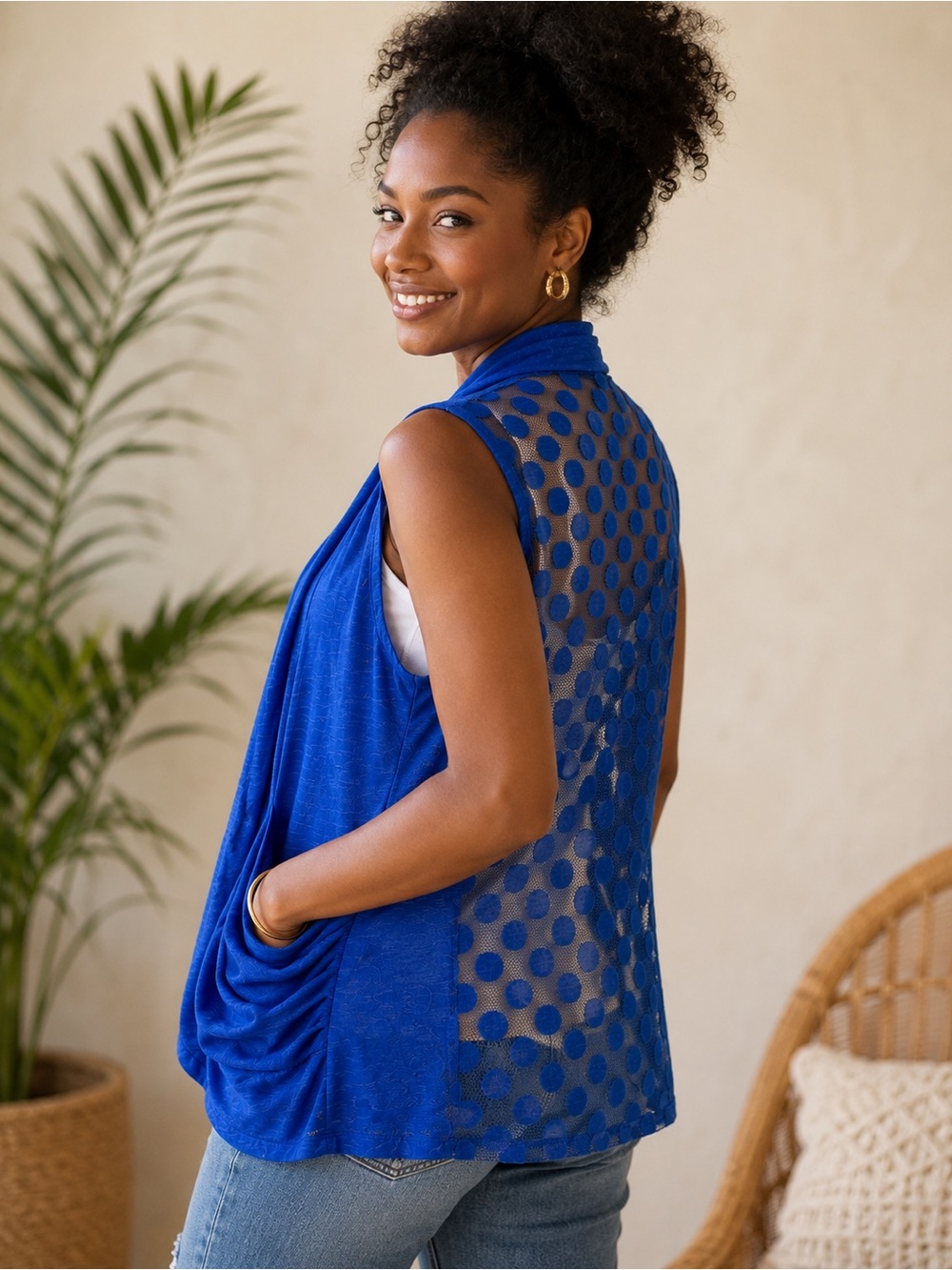 HeartSoul Royal Blue Polka Dot Mesh Open Front Vest Top L
